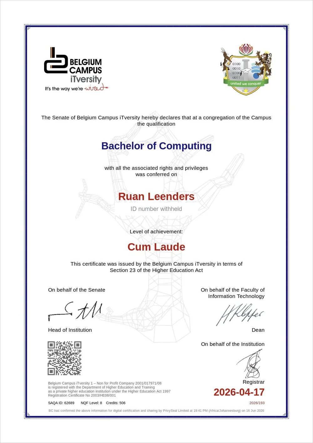 Bachelor of Computing certificate, Cum Laude, Belgium Campus iTversity, conferred April 2026