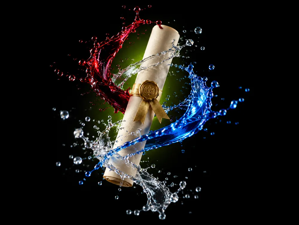 A degree scroll floating in the dark with red, blue and clear liquid splashing around it